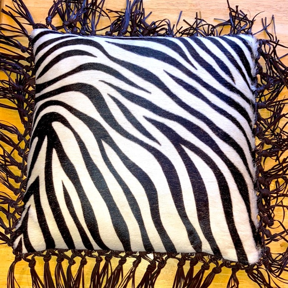 20X20 DECORATIVE HAIR HIDE ZEBRA PRINT PILLOW w FRINGE - Picture 1 of 3